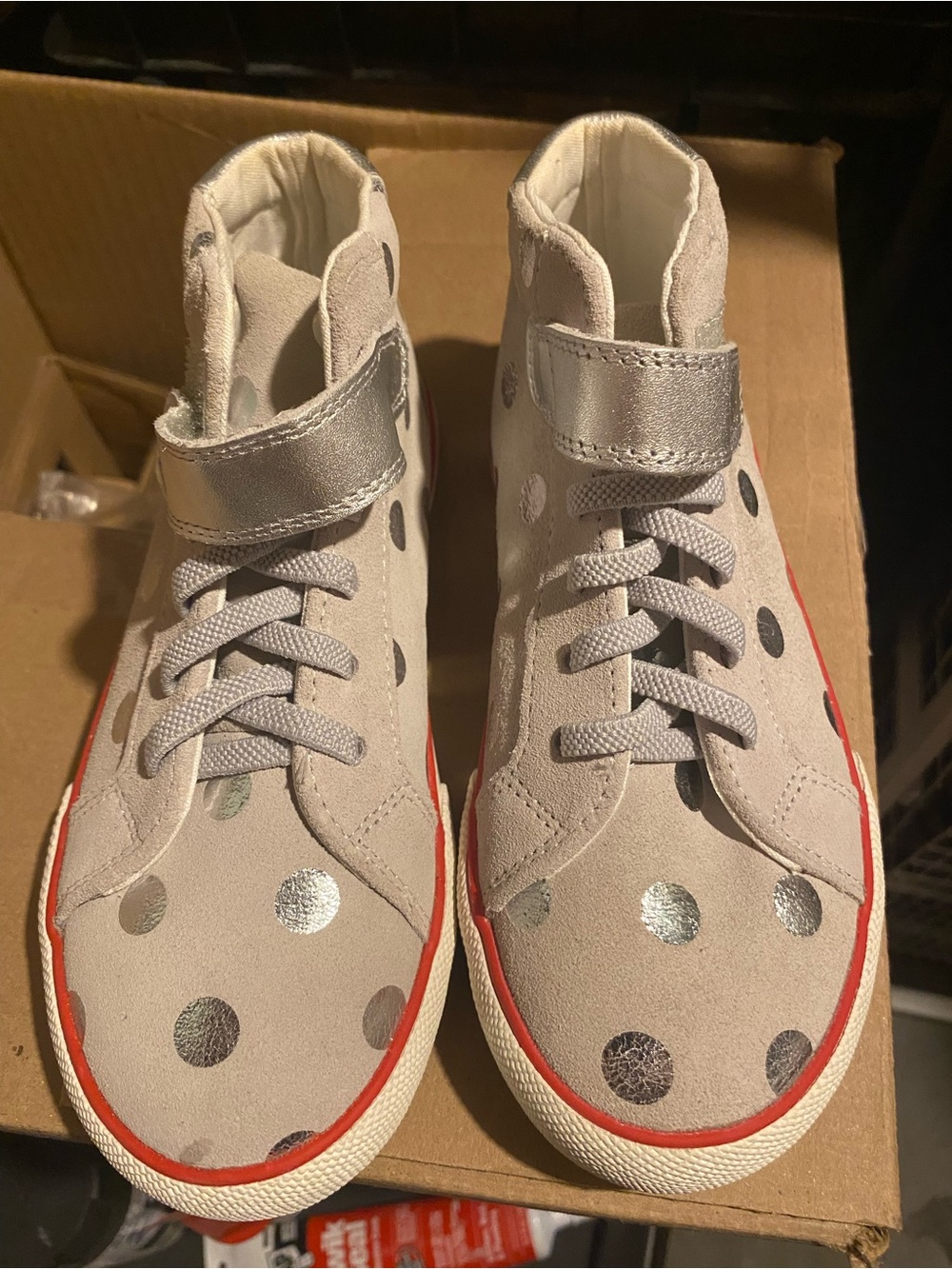 Mini Boden Silver Polka Dot High-Top Sneakers with Red Trim